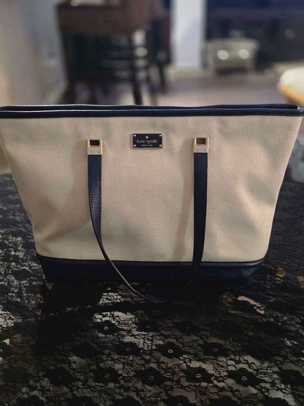 kate spade Two-Tone Canvas Tote in Cream and Navy